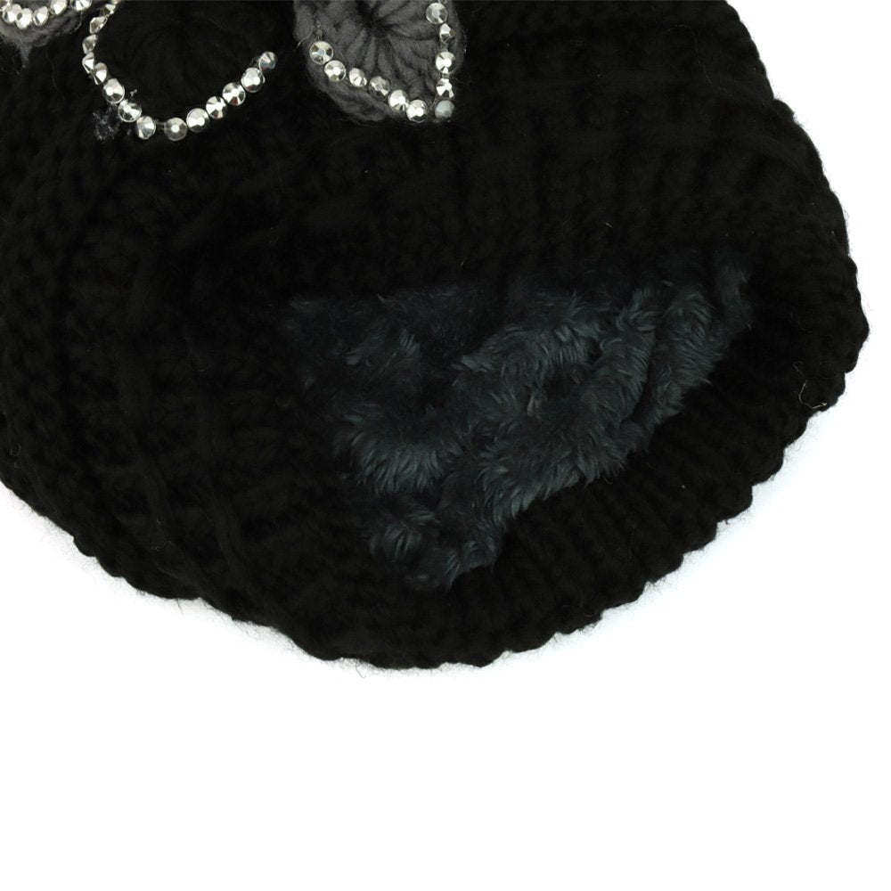 Trendy Apparel Shop Studded Floral Knitted Fleece Lined Beanie and Knit Scarf Set 2PC