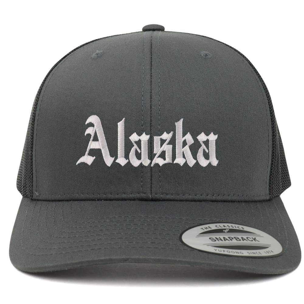 Trendy Apparel Shop Alaska State Old English 6 Panel Trucker Mesh Cap