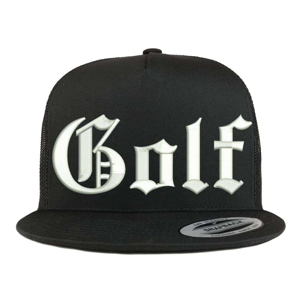 Trendy Apparel Shop Old English Golf 5 Panel Flatbill Trucker Cap