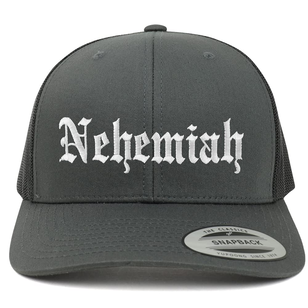 Trendy Apparel Shop Nehemiah Old English 6 Panel Trucker Mesh Cap