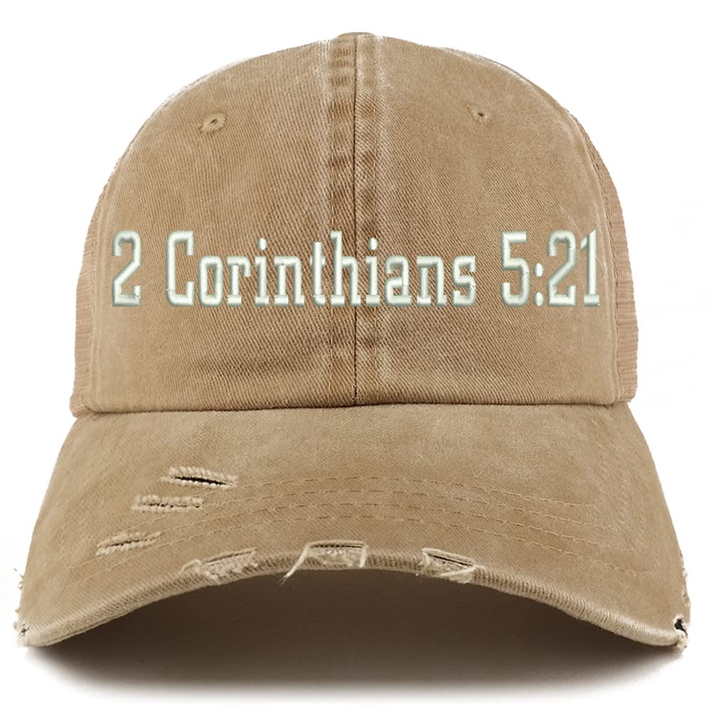 Trendy Apparel Shop 2 Corinthians 5:21 Frayed Bill Trucker Mesh Back Cap