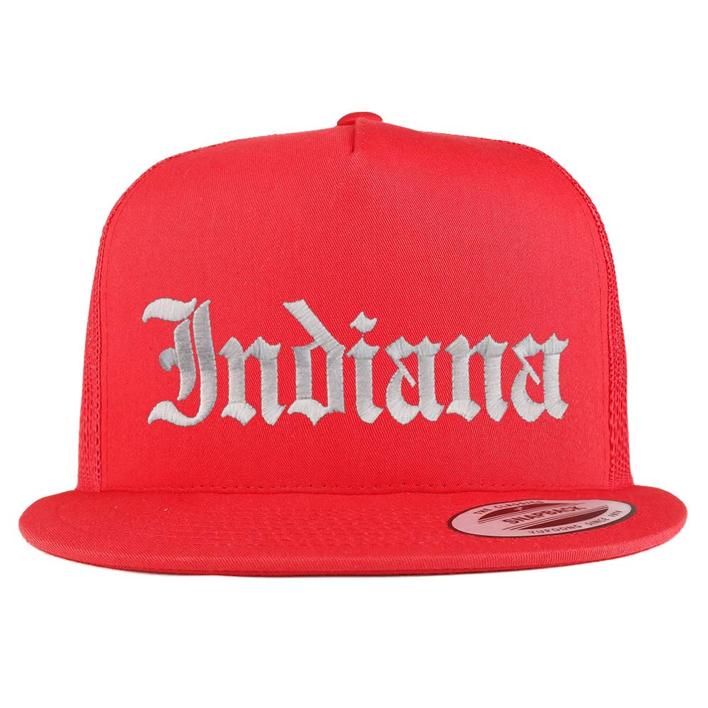 Trendy Apparel Shop Indiana State Old English 5 Panel Flatbill Trucker Mesh Cap