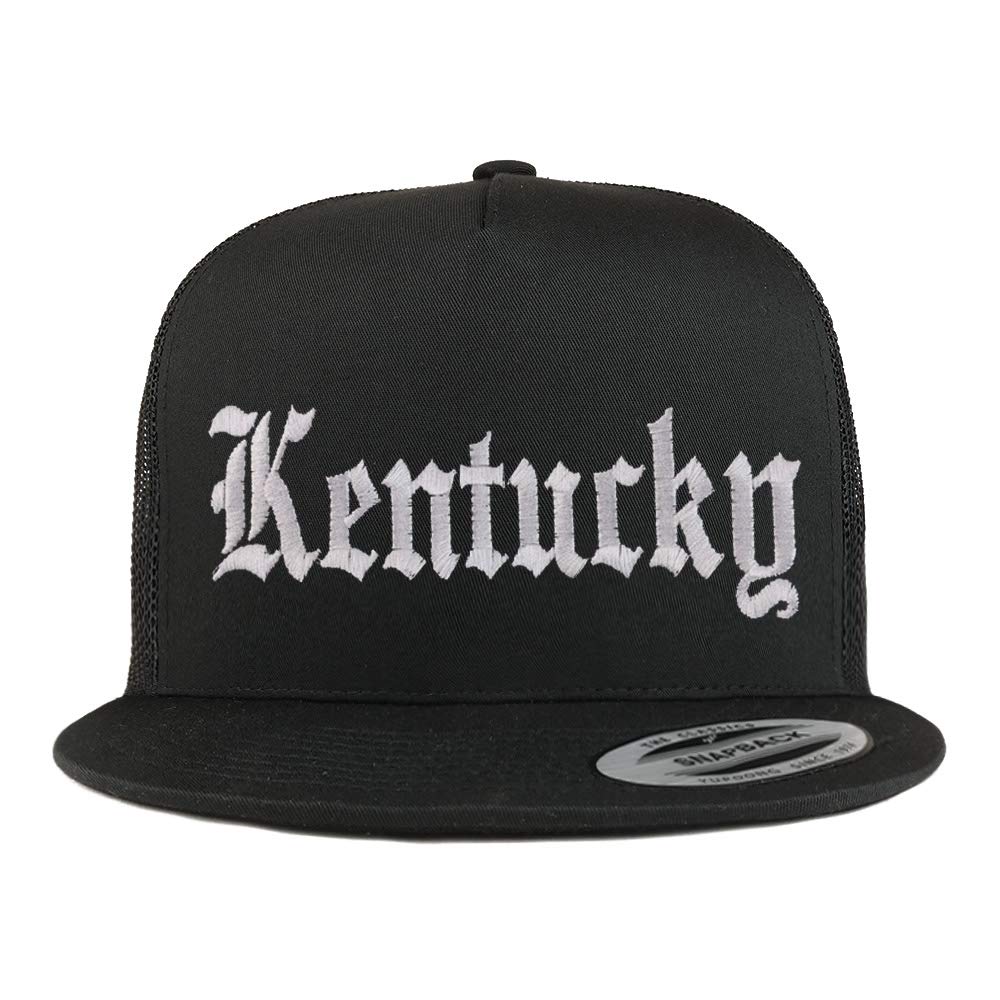 Trendy Apparel Shop Kenturky State Old English 5 Panel Flatbill Trucker Mesh Cap
