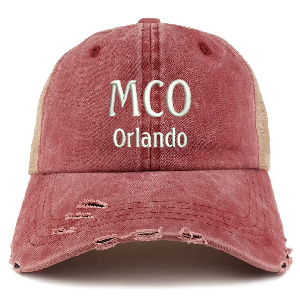 Trendy Apparel Shop MCO Orlando Embroidered Frayed Bill Trucker Mesh Back Cap