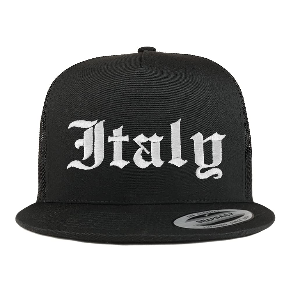 Trendy Apparel Shop Italy Old English 5 Panel Flatbill Trucker Cap