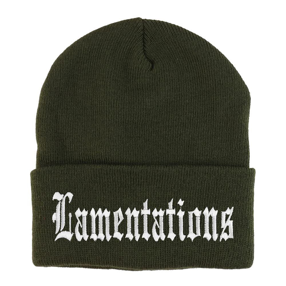 Trendy Apparel Shop Lamentations Old English Embroidered Long Cuff Beanie