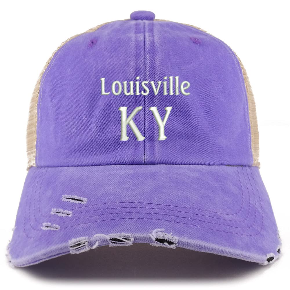 Trendy Apparel Shop Louisville KY Embroidered Frayed Bill Trucker Mesh Back Cap