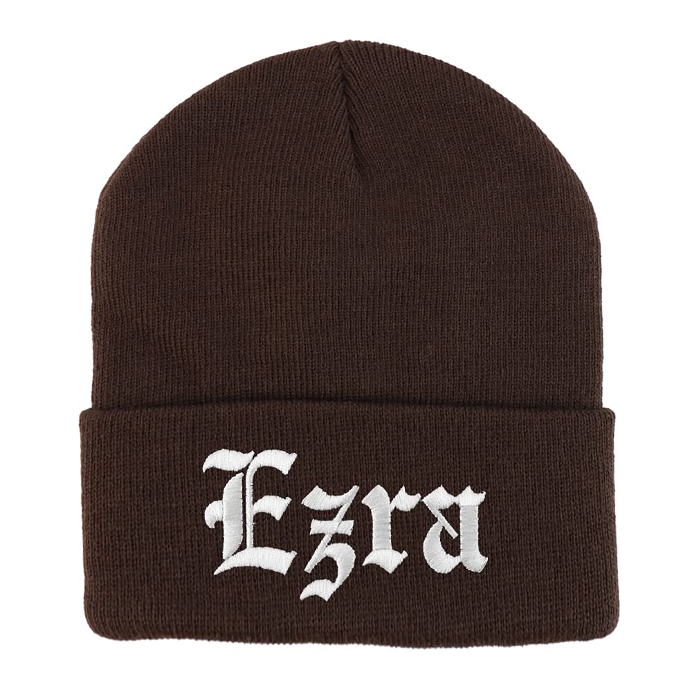 Trendy Apparel Shop Ezra Old English Embroidered Long Cuff Beanie