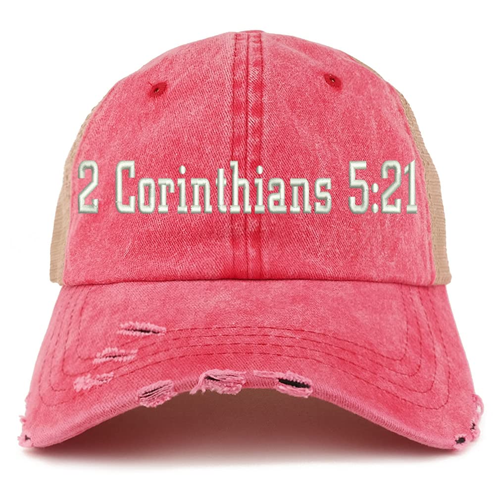 Trendy Apparel Shop 2 Corinthians 5:21 Frayed Bill Trucker Mesh Back Cap