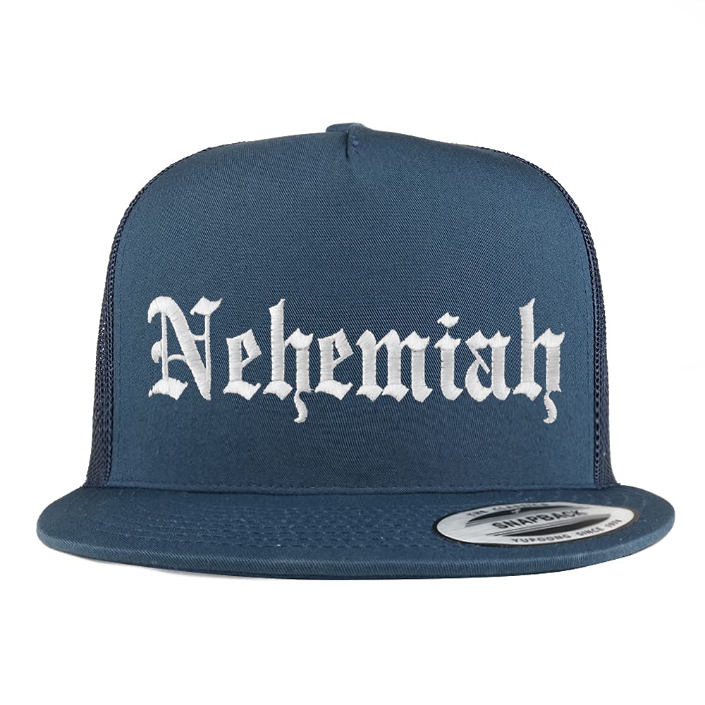 Trendy Apparel Shop Nehemiah Old English 5 Panel Flatbill Trucker Cap