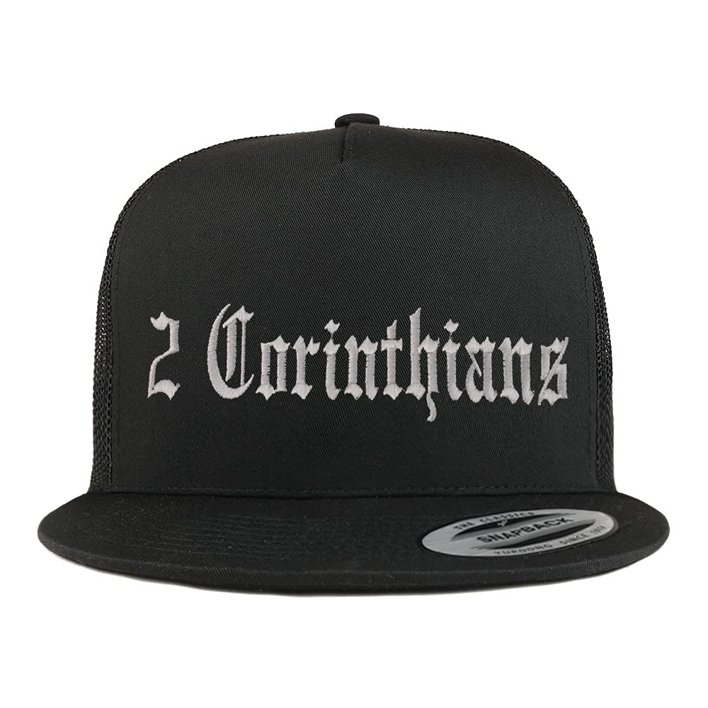 Trendy Apparel Shop 2 Corinthians Old English 5 Panel Flatbill Trucker Cap