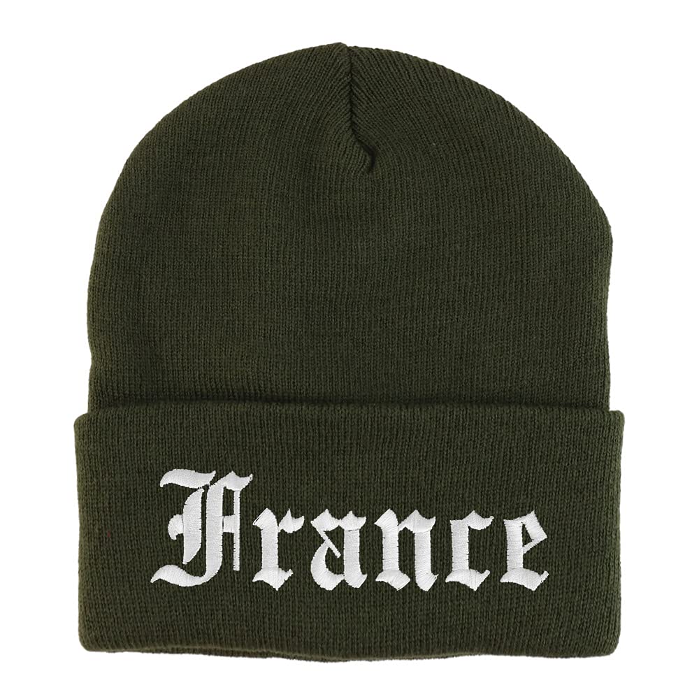Trendy Apparel Shop France Old English Embroidered Long Cuff Beanie