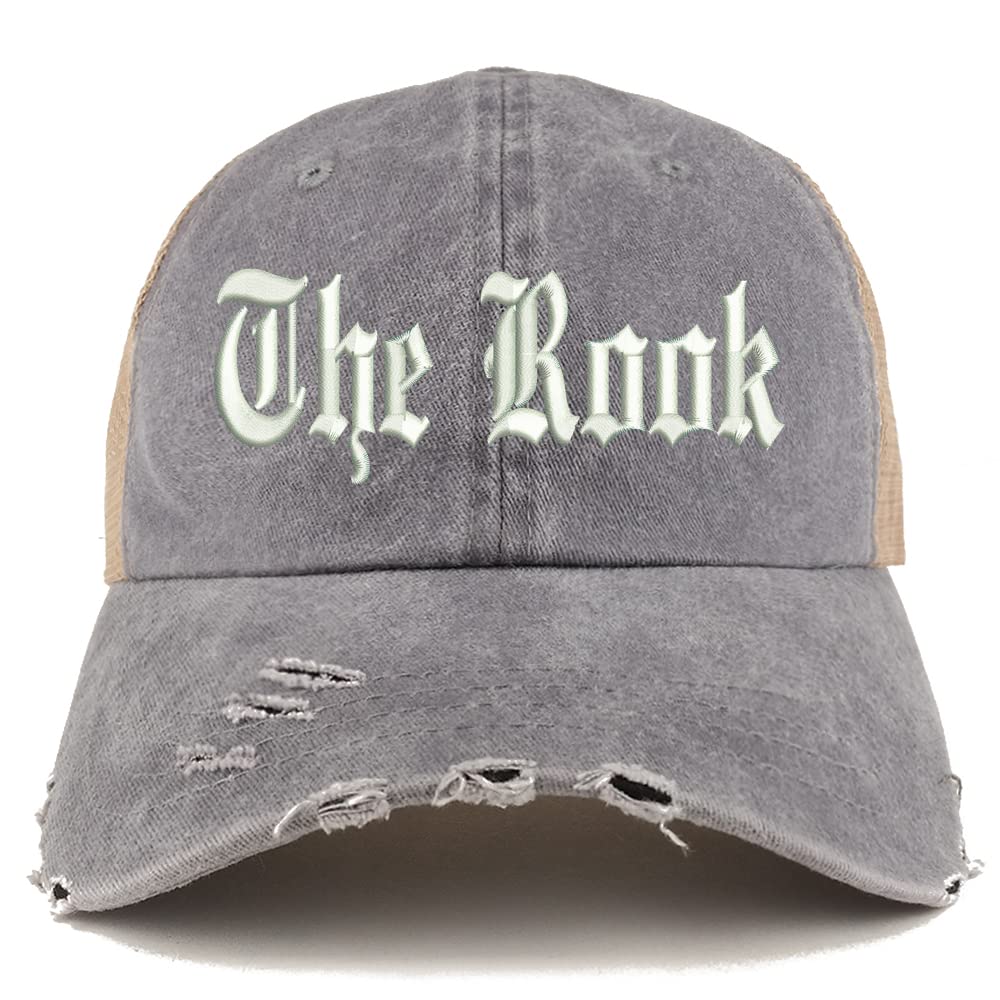 Trendy Apparel Shop The Rook Old English Embroidered Frayed Bill Trucker Mesh Back Cap