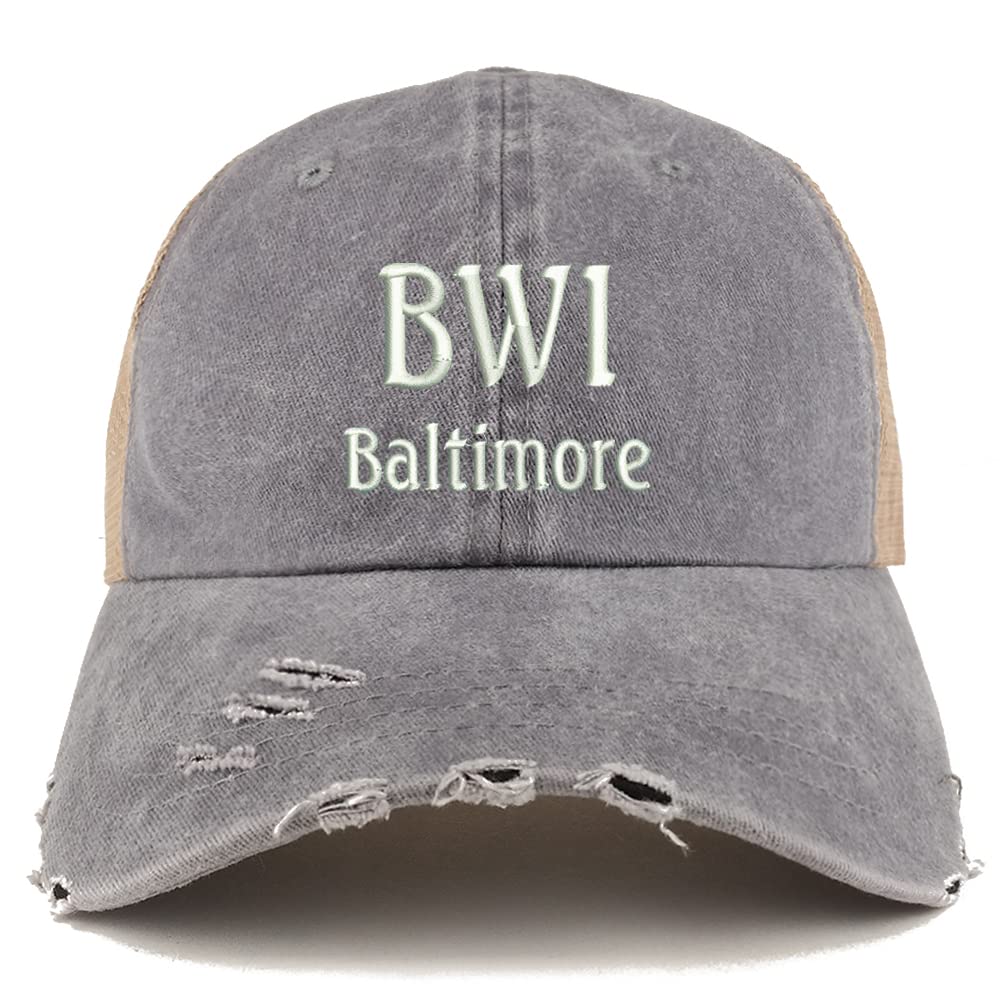 Trendy Apparel Shop BWI Baltimore Embroidered Frayed Bill Trucker Mesh Back Cap