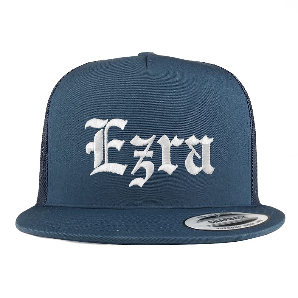 Trendy Apparel Shop Ezra Old English 5 Panel Flatbill Trucker Cap