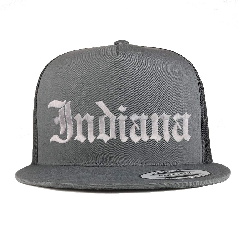 Trendy Apparel Shop Indiana State Old English 5 Panel Flatbill Trucker Mesh Cap