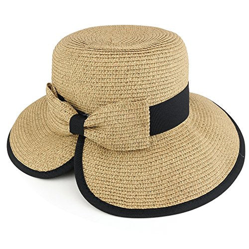 Trendy Apparel Shop UPF 50+ Ladies Split Brim Paper Braid Tweed Hat with Bow