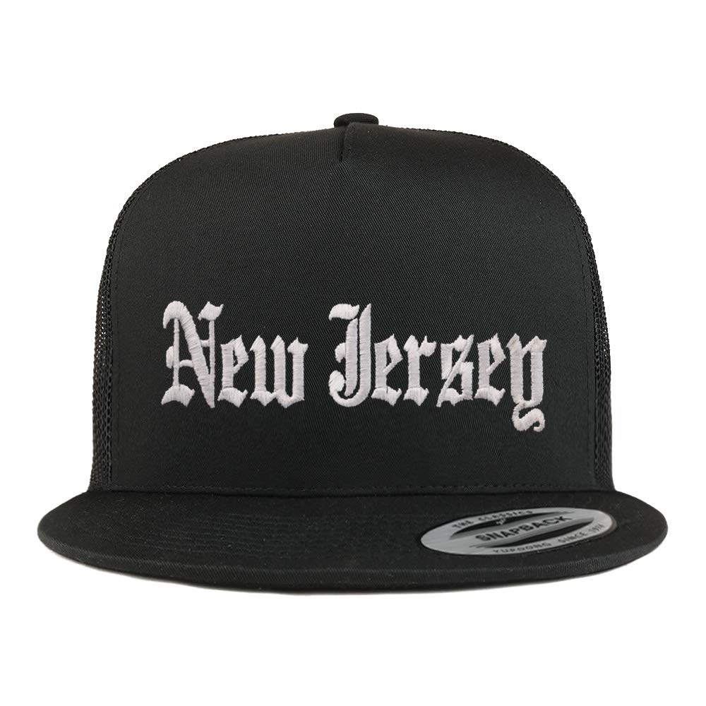 Trendy Apparel Shop New Jersey State Old English 5 Panel Flatbill Trucker Cap