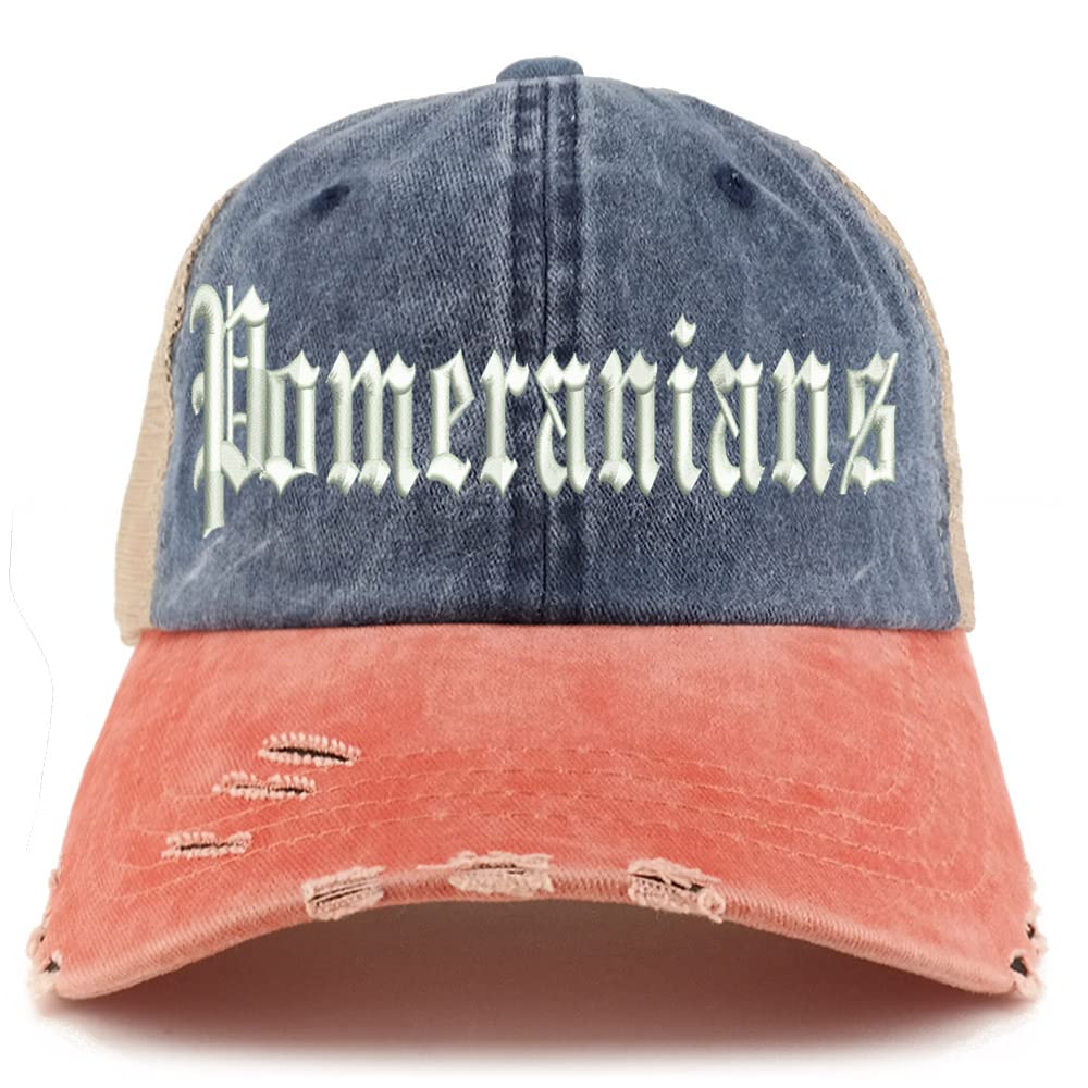 Trendy Apparel Shop Old English Pomeranians Frayed Bill Trucker Mesh Back Cap
