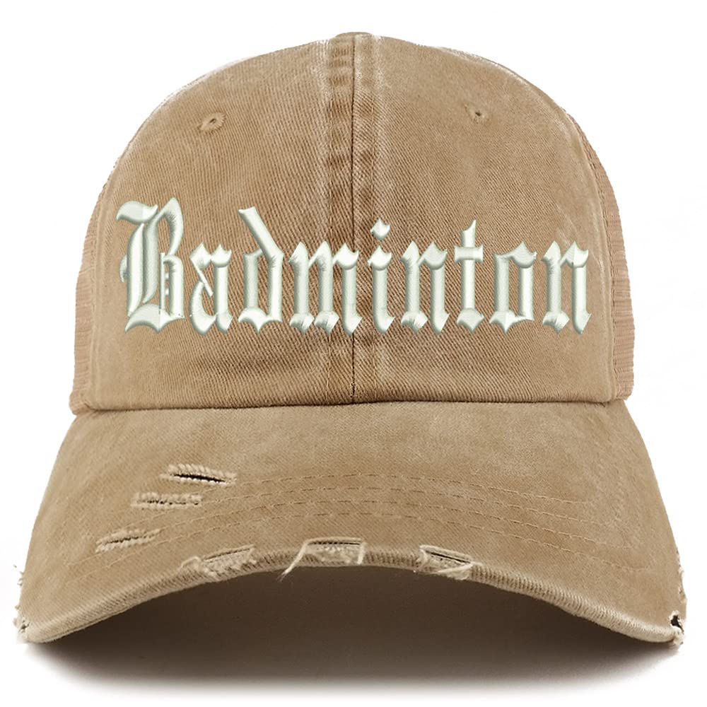 Trendy Apparel Shop Old English Badminton Frayed Bill Trucker Mesh Back Cap