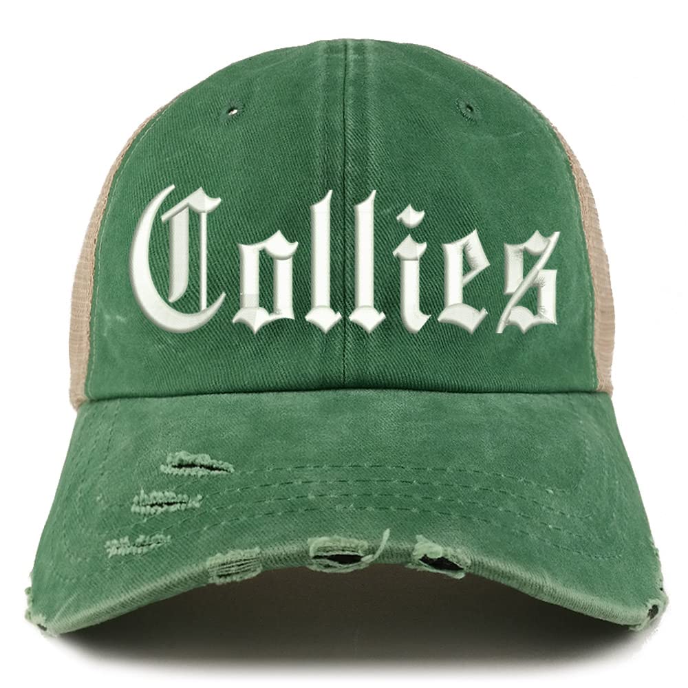 Trendy Apparel Shop Old English Collies Frayed Bill Trucker Mesh Back Cap