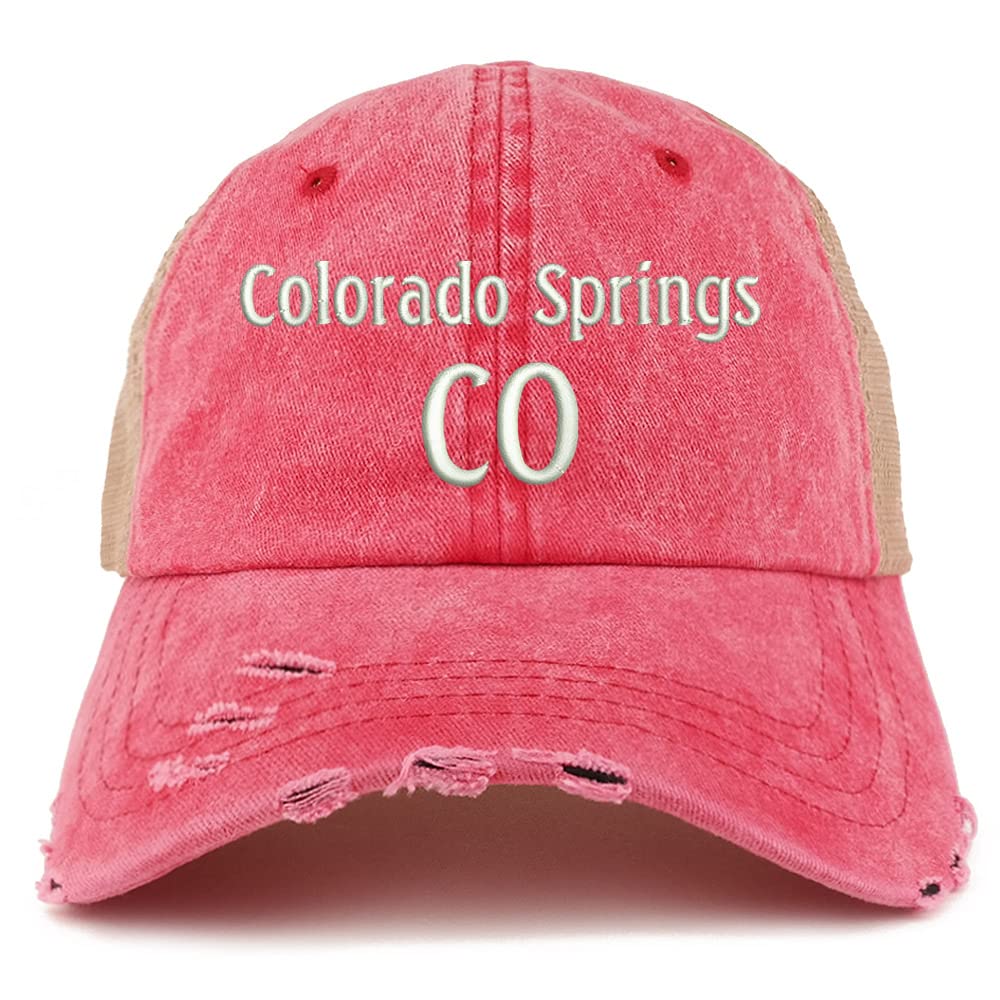 Trendy Apparel Shop Colorado Springs CO Embroidered Frayed Bill Trucker Mesh Back Cap