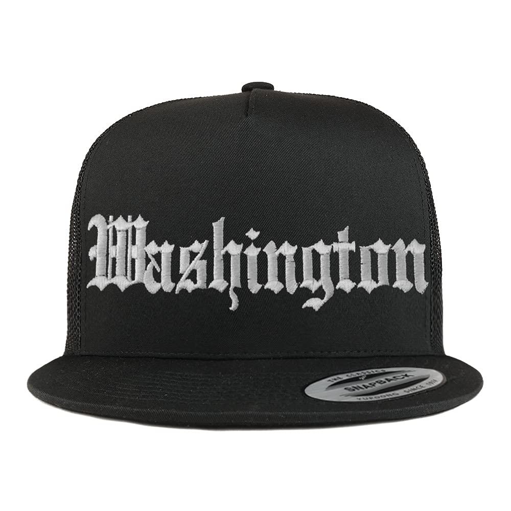 Trendy Apparel Shop Washington Old English 5 Panel Flatbill Trucker Cap