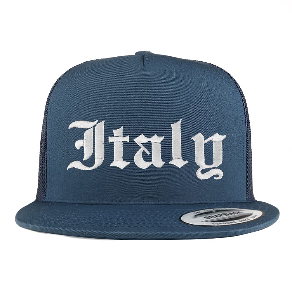 Trendy Apparel Shop Italy Old English 5 Panel Flatbill Trucker Cap