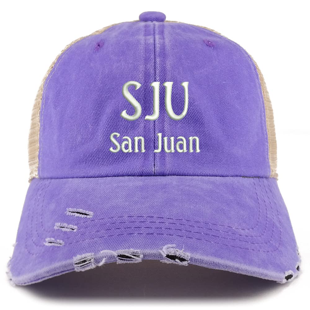Trendy Apparel Shop SJU San Juan Embroidered Frayed Bill Trucker Mesh Back Cap