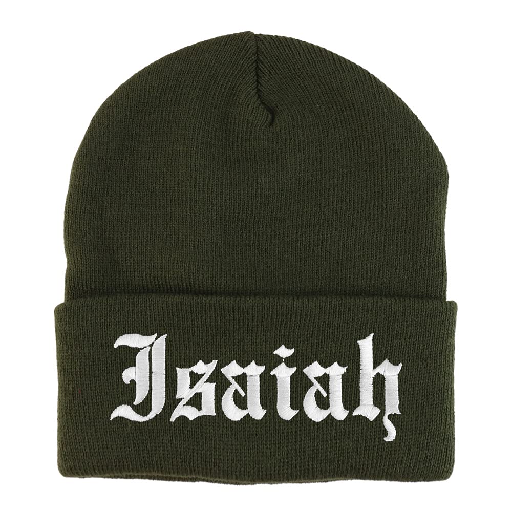 Trendy Apparel Shop Isaiah Old English Embroidered Long Cuff Beanie