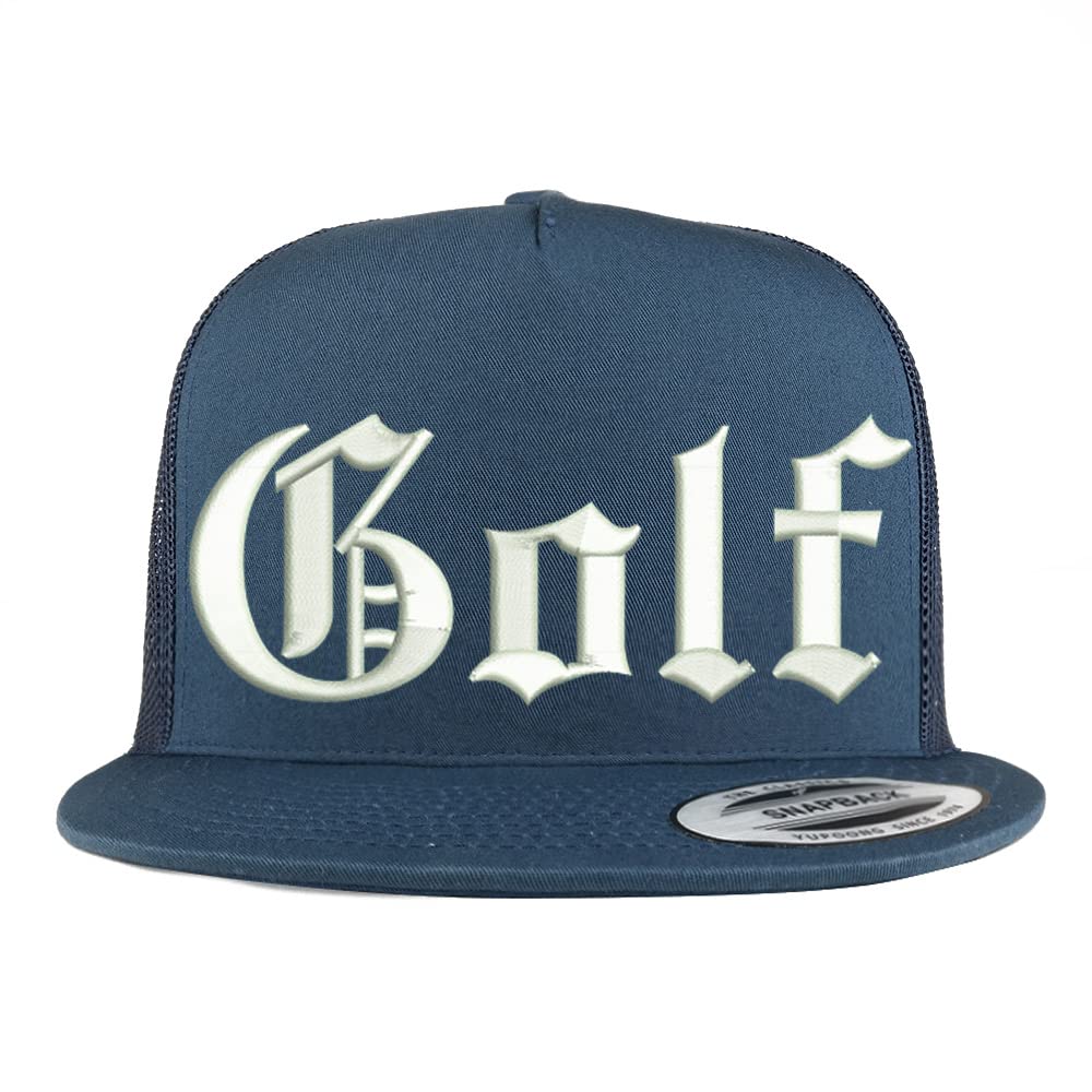 Trendy Apparel Shop Old English Golf 5 Panel Flatbill Trucker Cap