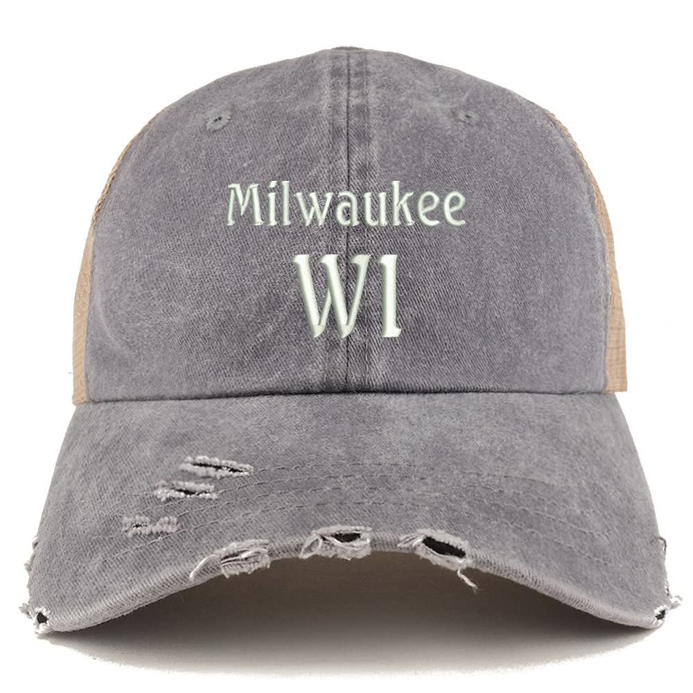 Trendy Apparel Shop Milwaukee WI Embroidered Frayed Bill Trucker Mesh Back Cap