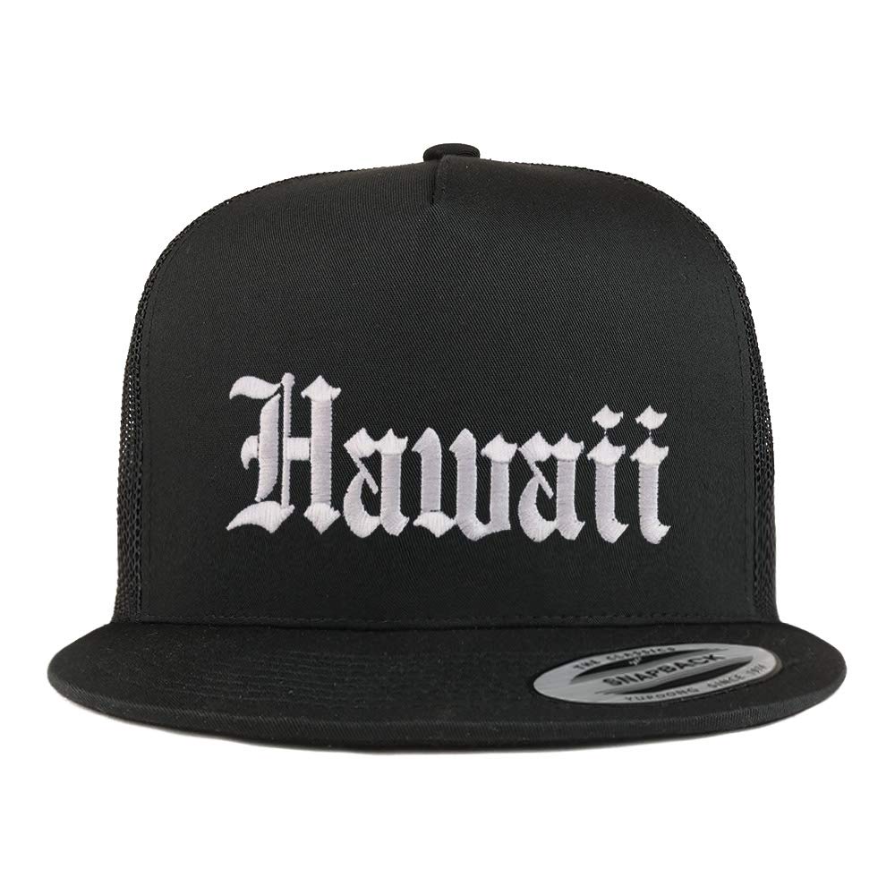 Trendy Apparel Shop Hawaii State Old English 5 Panel Flatbill Trucker Mesh Cap