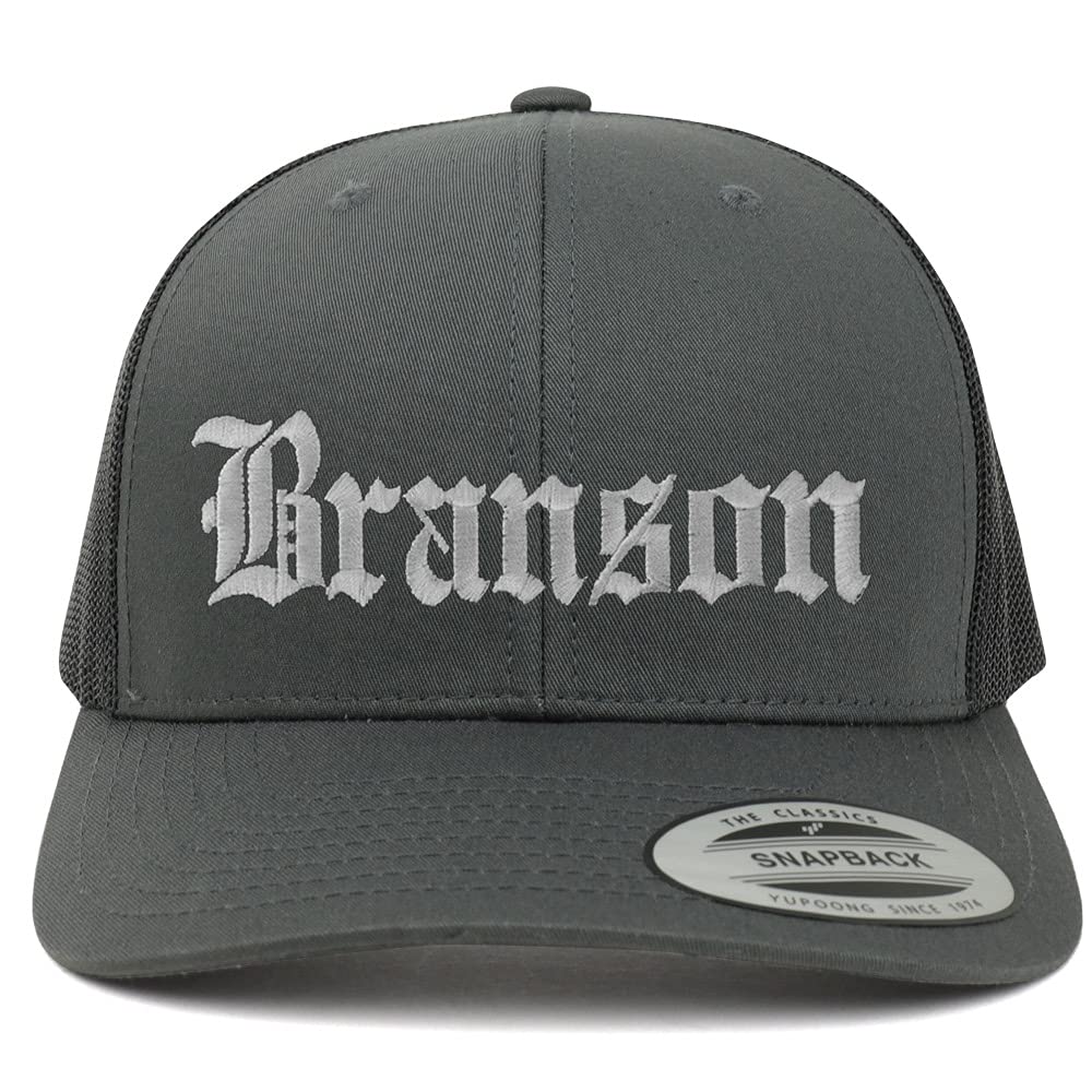 Trendy Apparel Shop Branson Old English 6 Panel Trucker Mesh Cap