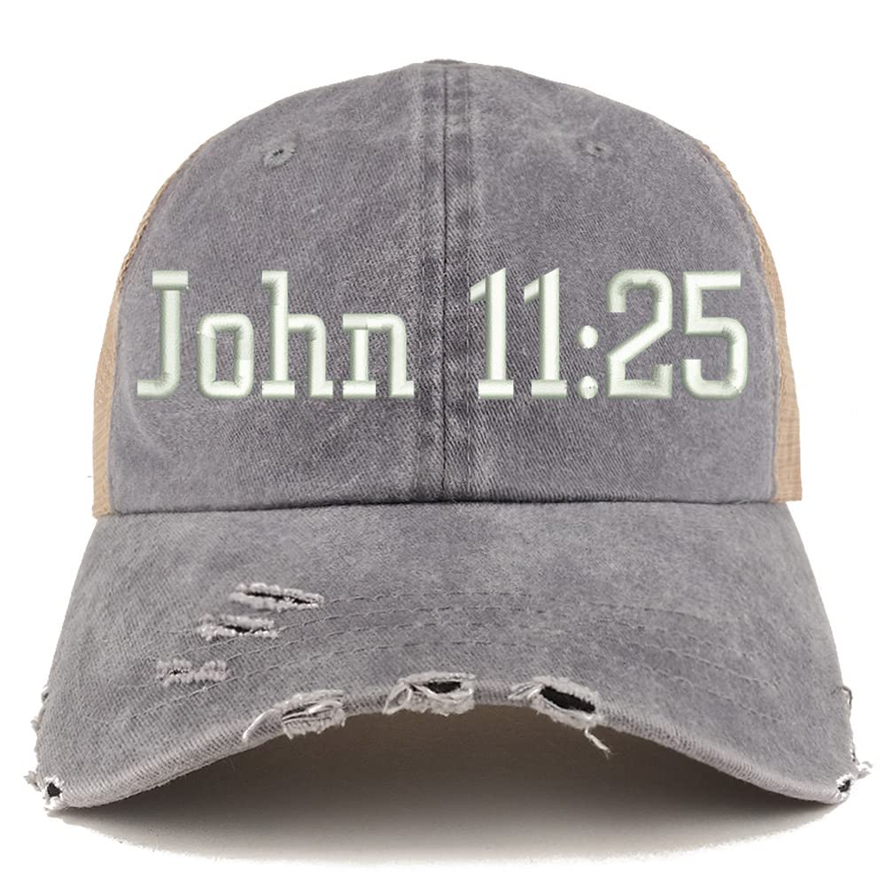 Trendy Apparel Shop John 11:25 Frayed Bill Trucker Mesh Back Cap