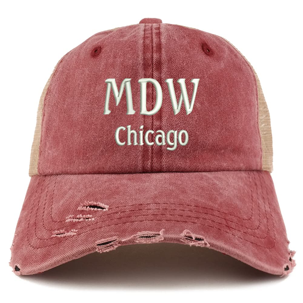 Trendy Apparel Shop MDW Chicago Embroidered Frayed Bill Trucker Mesh Back Cap
