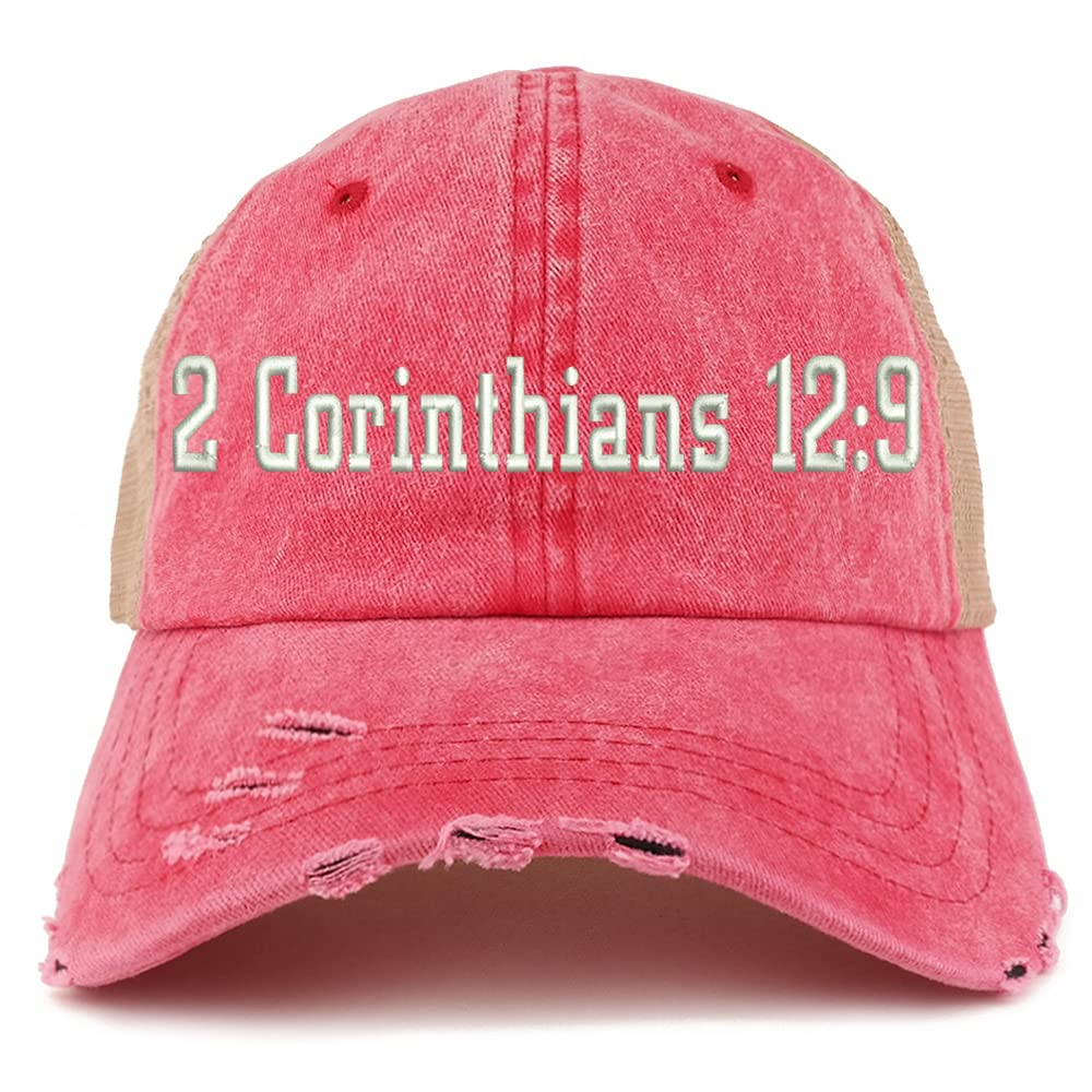 Trendy Apparel Shop 2 Corinthians 12:9 Frayed Bill Trucker Mesh Back Cap