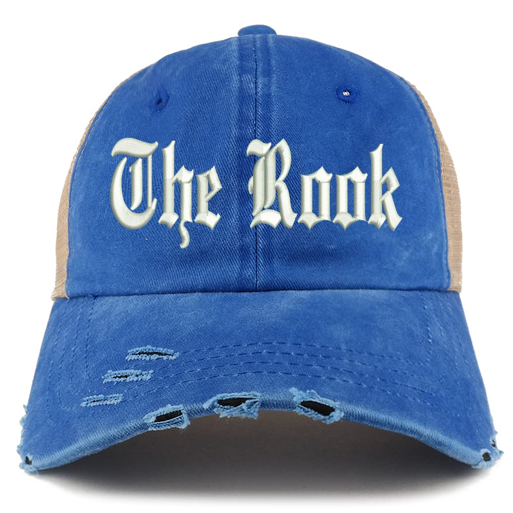 Trendy Apparel Shop The Rook Old English Embroidered Frayed Bill Trucker Mesh Back Cap
