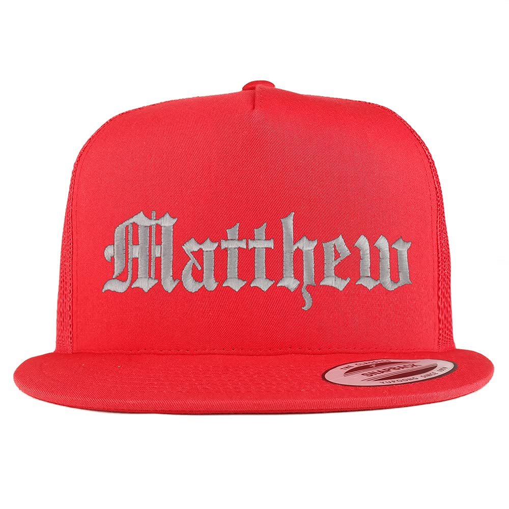 Trendy Apparel Shop Matthew Old English 5 Panel Flatbill Trucker Cap