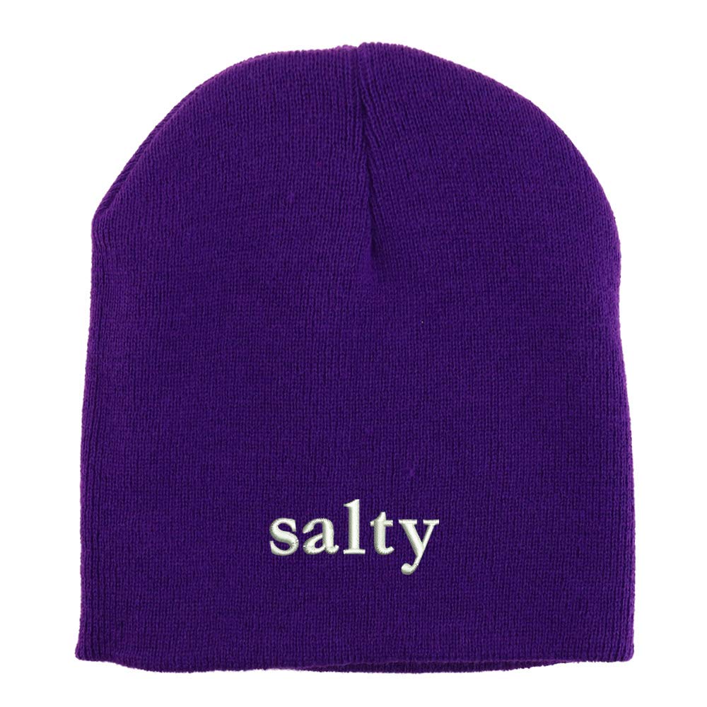 Trendy Apparel Shop Salty Embroidered Made in USA Short Acrylic Knit Winter Beanie Hat