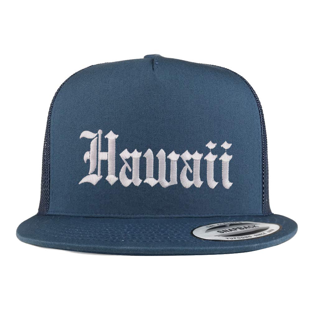 Trendy Apparel Shop Hawaii State Old English 5 Panel Flatbill Trucker Mesh Cap