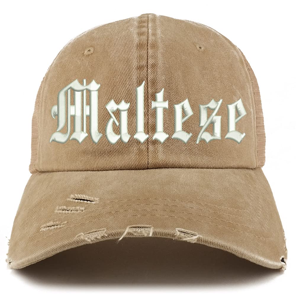 Trendy Apparel Shop Old English Maltese Frayed Bill Trucker Mesh Back Cap