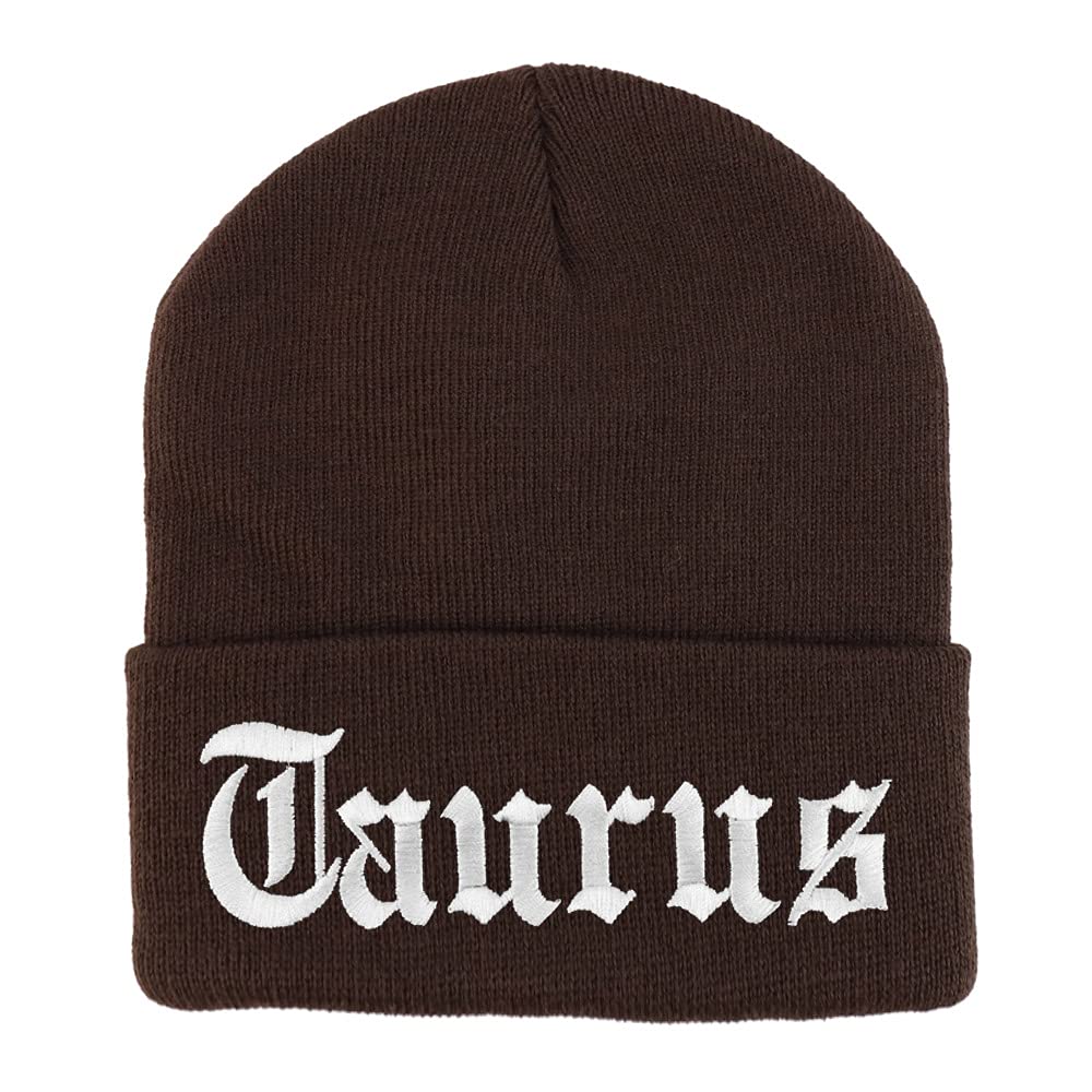 Trendy Apparel Shop Taurus Old English Embroidered Long Cuff Beanie