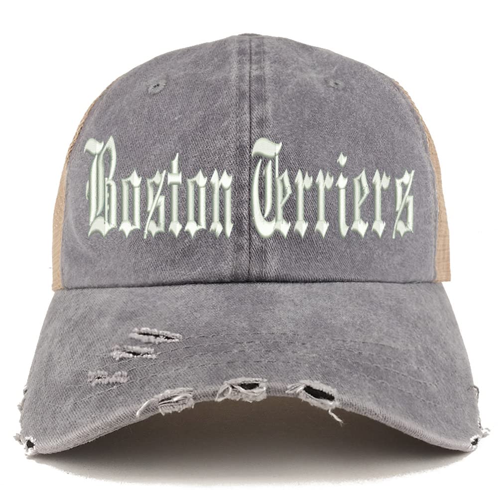 Trendy Apparel Shop Old English Boston Terriers Frayed Bill Trucker Mesh Back Cap