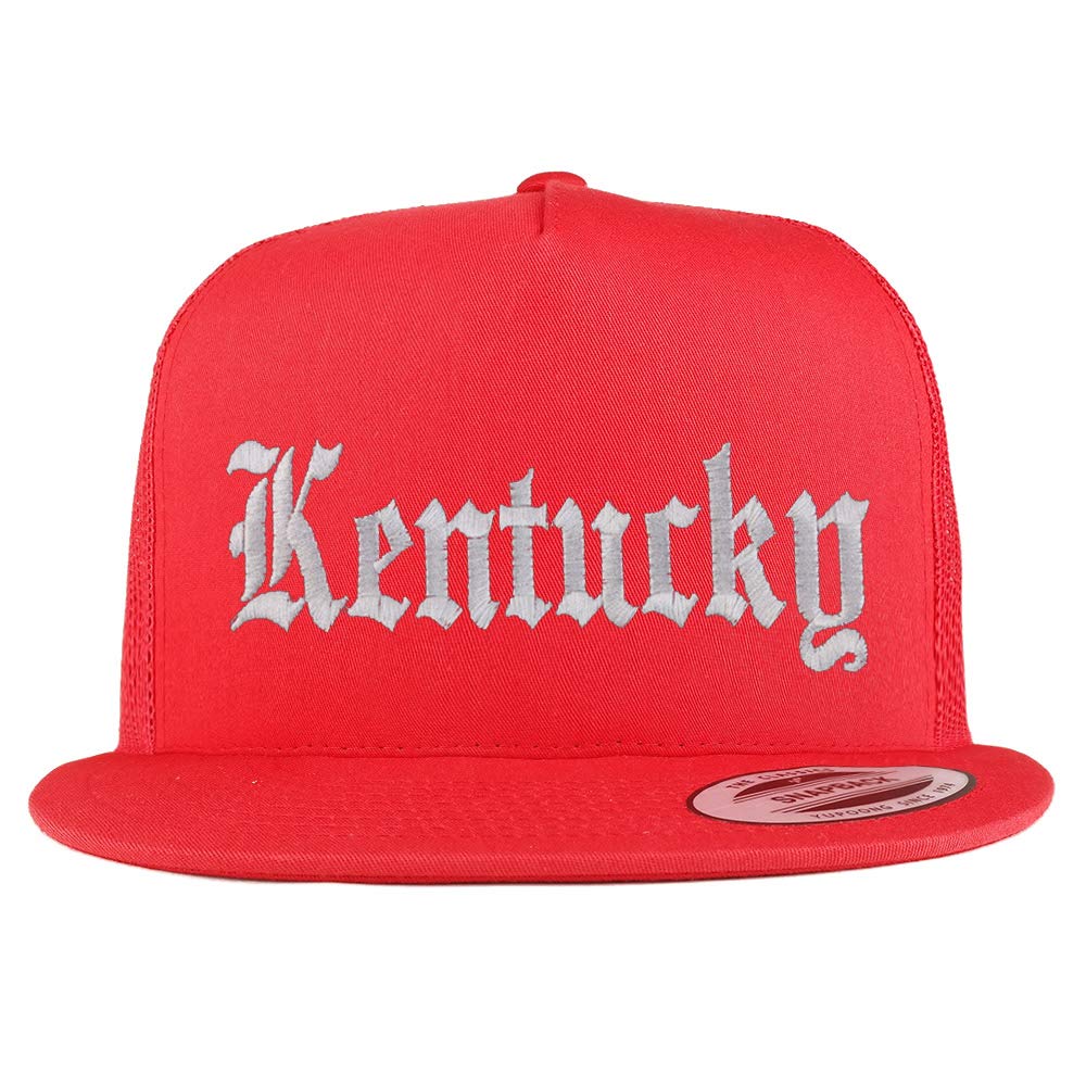 Trendy Apparel Shop Kenturky State Old English 5 Panel Flatbill Trucker Mesh Cap