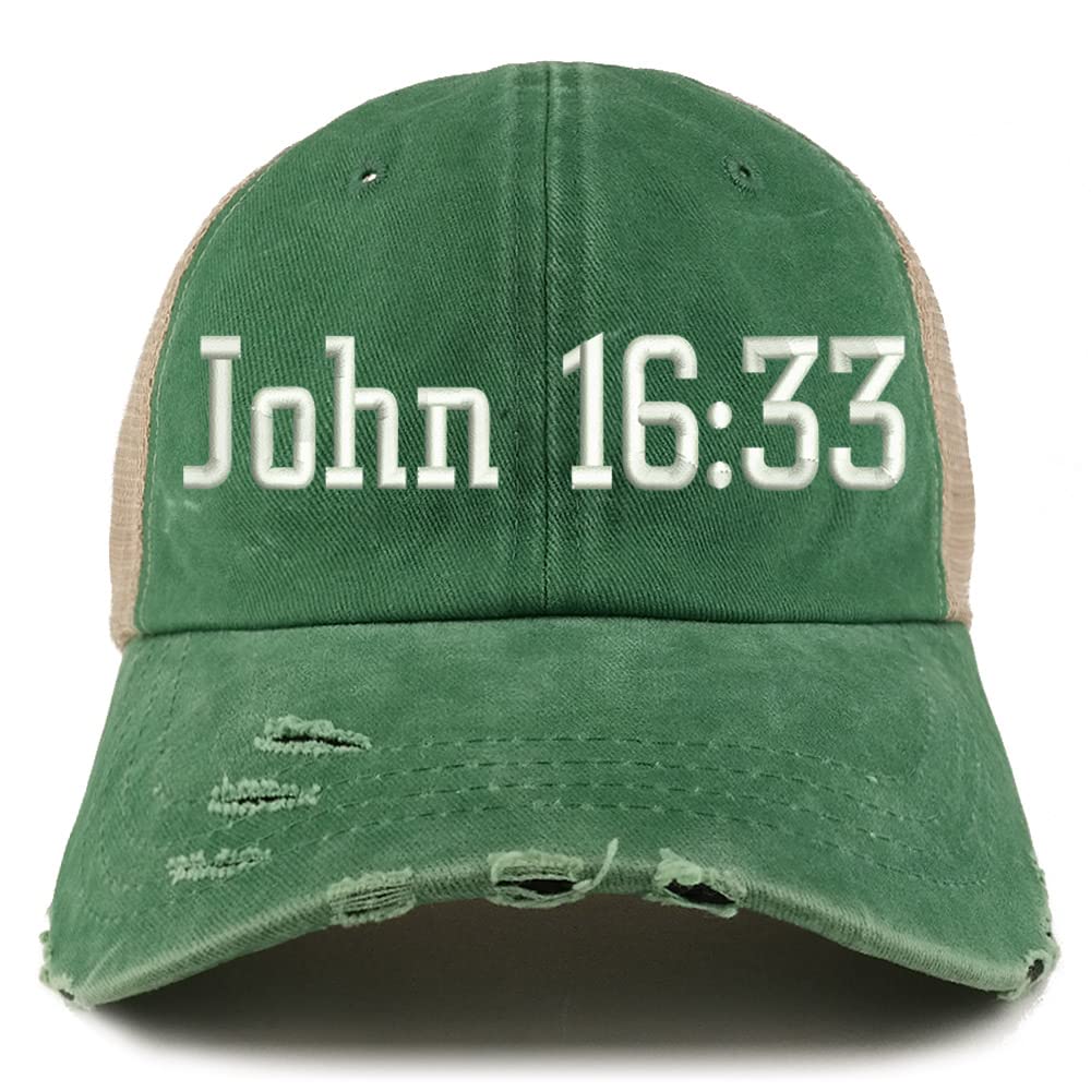 Trendy Apparel Shop John 16:33 Frayed Bill Trucker Mesh Back Cap