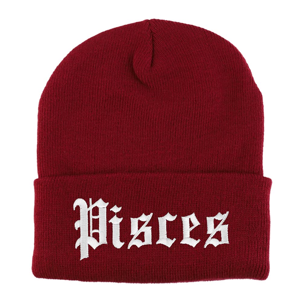 Trendy Apparel Shop Pisces Old English Embroidered Long Cuff Beanie