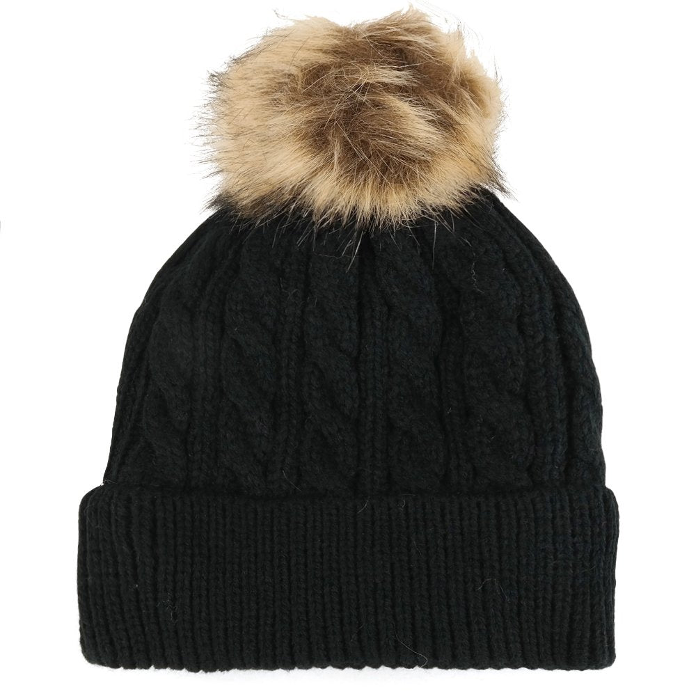 Trendy Apparel Shop Kid's Cable Knit Cuffed Up Fur Pom Winter Beanie