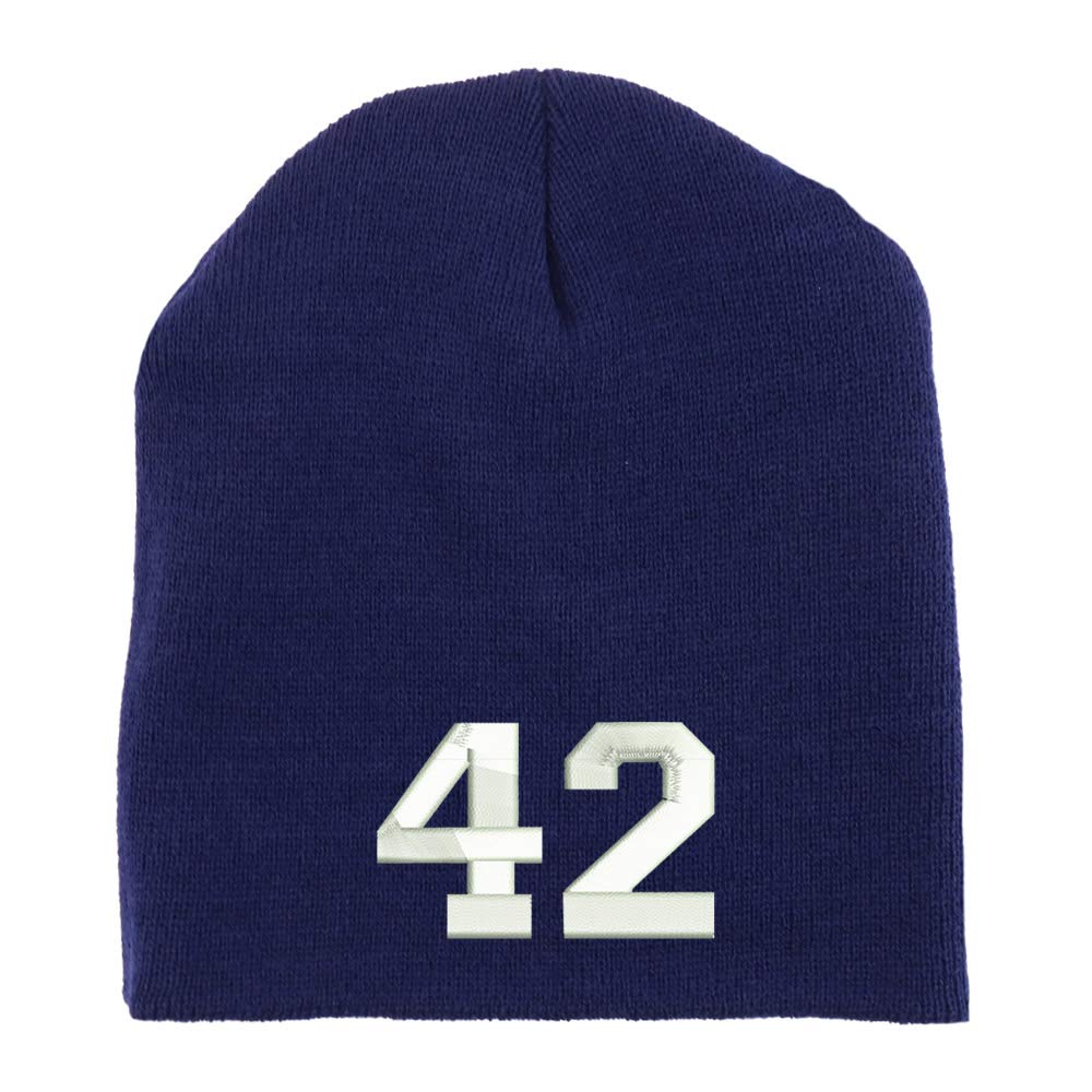 Trendy Apparel Shop Number 42 Collegiate Varsity Font Embroidered Made in USA Short Acrylic Knit Winter Beanie Hat