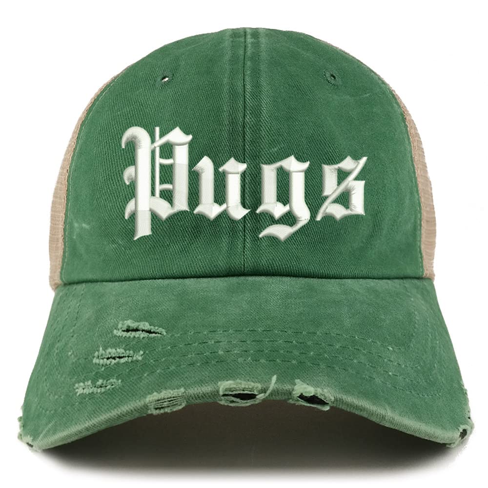 Trendy Apparel Shop Old English Pugs Frayed Bill Trucker Mesh Back Cap